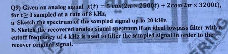 Q9) Given an analog signal x(t) = 5 cos(2n x 2500t) + 2cos(2T x 3200t),
for t>0 sampled at a rate of 8 kHz,
a. Sketch the spectrum of the sampled signal up to 20 kHz.
b. Sketch the recovered analog signal spectrum if an ideal lowpass filter with
cutoff frequency of 4 kHz is used to filter the sampled signal in order to the
recover original signal.
RIN
