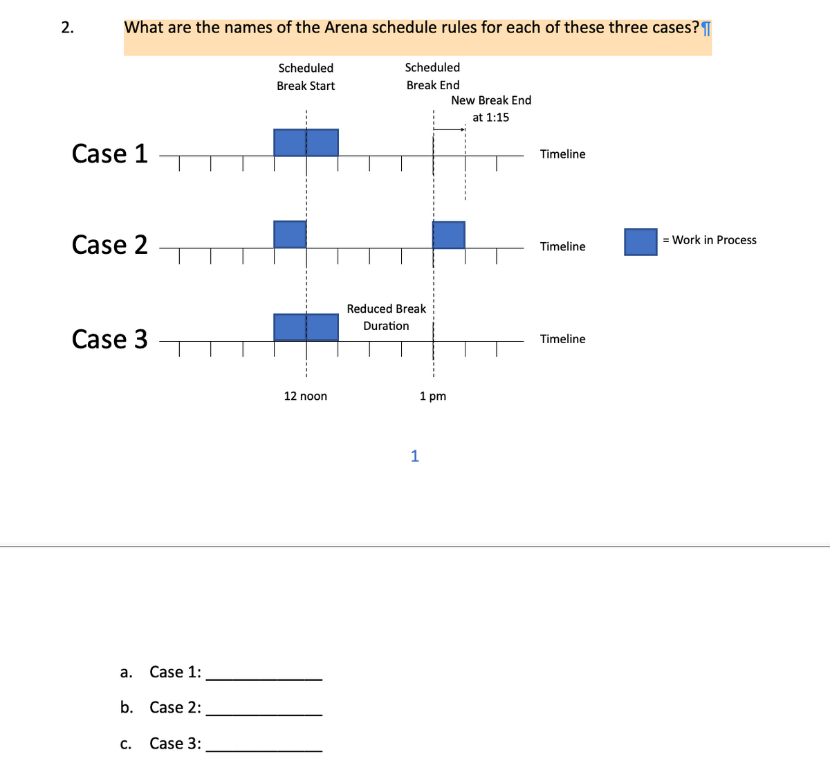 2.
What are the names of the Arena schedule rules for each of these three cases?
Case 1
Case 2
Case 3
a. Case 1:
b. Case 2:
C.
Case 3:
Scheduled
Break Start
Scheduled
Break End
New Break End
at 1:15
Timeline
= Work in Process
Timeline
Reduced Break
Duration
Timeline
12 noon
1 pm
1