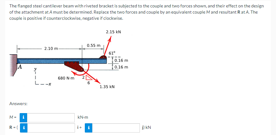 The flanged steel cantilever beam with riveted bracket is subjected to the couple and two forces shown, and their effect on the design
of the attachment at A must be determined. Replace the two forces and couple by an equivalent couple M and resultant Rat A. The
couple is positive if counterclockwise, negative if clockwise.
A
Answers:
M= i
R = i
y
2.10 m-
L--x
680 N.m
0.55 m
6
kN-m
i+ i
2.15 KN
61°
1.35 KN
0.16 m
0.16 m
j) kN