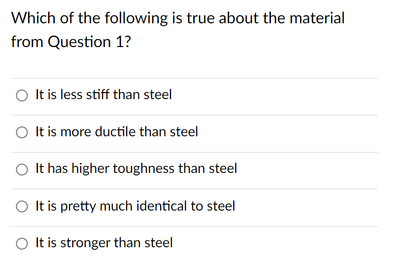 Which of the following is true about the material
from Question 1?
It is less stiff than steel
It is more ductile than steel
O It has higher toughness than steel
It is pretty much identical to steel
It is stronger than steel
