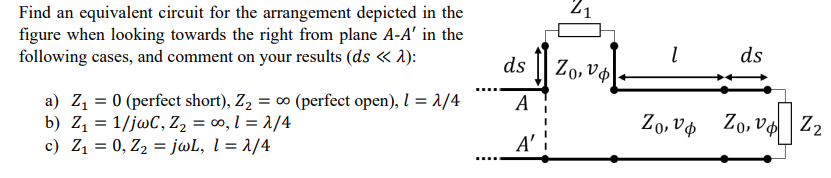 Find an equivalent circuit for the arrangement depicted in the
figure when looking towards the right from plane A-A' in the
following cases, and comment on your results (ds << 1):
a) Z₁ = 0 (perfect short), Z₂ = ∞o (perfect open), 1 = 1/4
b) Z₁ = 1/jwC, Z₂ = ∞0, l=1/4
c) Z₁ = 0, Z₂ = jwL, 1 = 2/4
ds
A
A'
Zo, vo
1
ds
22
0, 0₁2₂
Zo, v Zo, vo