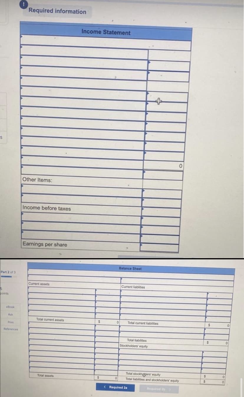S
Part 2 of 3
5
points
eBook
Ask
Print
References
Required information
Other Items:
Income before taxes
Earnings per share
Current assets
Total current assets
Total assets
Income Statement
$
$
0
0
Balance Sheet
Current liablities
Total current liabilities
Total liabilities.
Stockholders' equity
< Required 2a
0
Total stockholders' equity
Total liabilities and stockholders' equity
Required 2b >
$
$
$
$
0
0
0
0