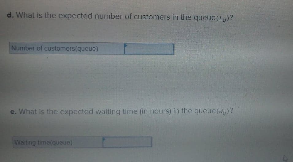 d. What is the expected number of customers in the queue(La)?
Number of customers(queue)
e. What is the expected waiting time (in hours) in the queue(Wa)?
Waiting time(queue)
