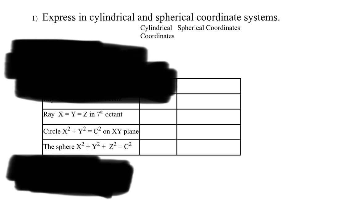 1) Express in cylindrical and spherical coordinate systems.
Cylindrical Spherical Coordinates
Coordinates
Ray X=Y=Z in 7th octant
Circle X² + y² = C² on XY plane
The sphere X² + y² + Z² = c²