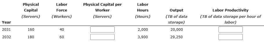 Physical
Labor
Physical Capital per
Labor
Capital
Force
Worker
Hours
(Servers)
(Workers)
(Servers)
(Hours)
Output
(TB of data
Labor Productivity
(TB of data storage per hour of
Year
storage)
labor)
2031
160
40
2,000
20,000
2032
180
60
3,900
29,250