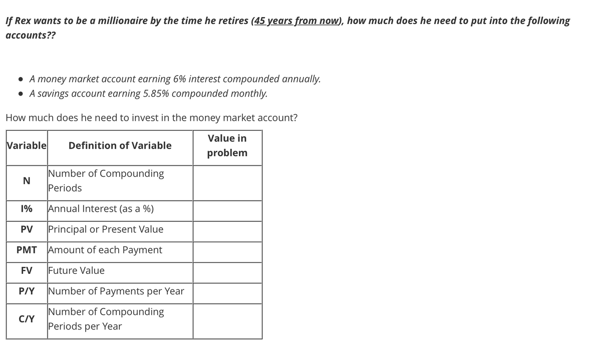 If Rex wants to be a millionaire by the time he retires (45 years from now), how much does he need to put into the following
accounts??
• A money market account earning 6% interest compounded annually.
• A savings account earning 5.85% compounded monthly.
How much does he need to invest in the money market account?
Value in
Variable
Definition of Variable
problem
Number of Compounding
N
Periods
1%
Annual Interest (as a %)
PV
Principal or Present Value
PMT Amount of each Payment
FV
Future Value
P/Y
Number of Payments per Year
Number of Compounding
C/Y
Periods per Year
