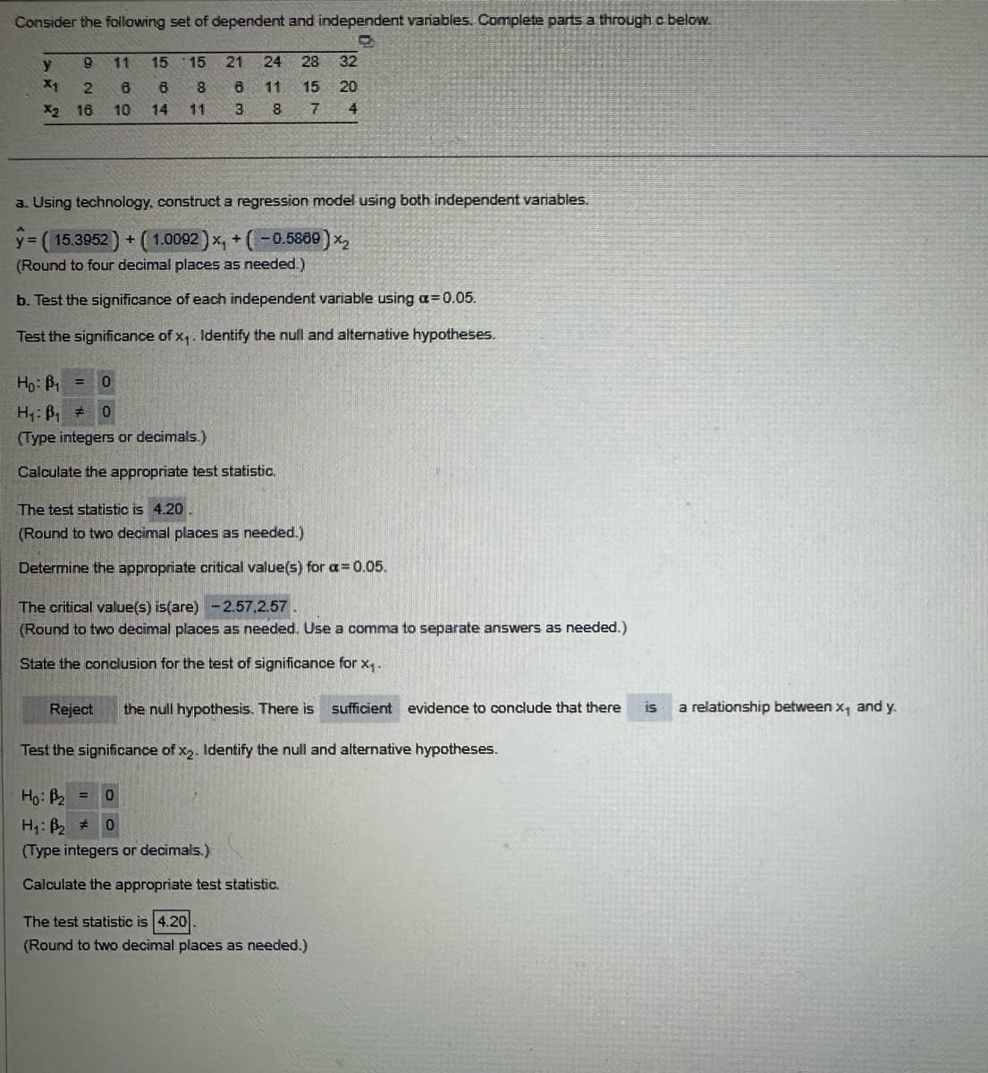 Consider the following set of dependent and independent variables. Complete parts a through c below.
y
9 11
15 15
21 24 28
32
X1
2 8
6
8
X2
16 10 14
11
63
11 15
20
8
7
4
a. Using technology, construct a regression model using both independent variables.
y= ( 15.3952 ) + ( 1.0092 x, + ( −0.5689]
-0.5889)x2
(Round to four decimal places as needed.)
b. Test the significance of each independent variable using a=0.05.
Test the significance of x. Identify the null and alternative hypotheses.
Ho: B₁ =
0
H₁ B₁
0
(Type integers or decimals.)
Calculate the appropriate test statistic.
The test statistic is 4.20
(Round to two decimal places as needed.)
Determine the appropriate critical value(s) for a=0.05.
The critical value(s) is (are) -2.57,2.57
(Round to two decimal places as needed. Use a comma to separate answers as needed.)
State the conclusion for the test of significance for x₁.
Reject the null hypothesis. There is sufficient evidence to conclude that there
is
a relationship between x, and y.
Test the significance of x2. Identify the null and alternative hypotheses.
Ho: B₂ =
H₁₂
0
0
(Type integers or decimals.)
Calculate the appropriate test statistic.
The test statistic is 4.20
(Round to two decimal places as needed.)