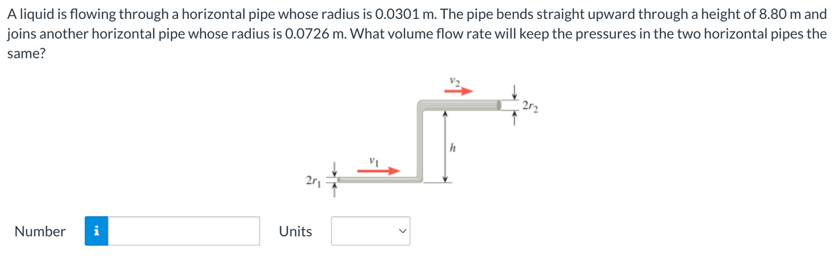 A liquid is flowing through a horizontal pipe whose radius is 0.0301 m. The pipe bends straight upward through a height of 8.80 m and
joins another horizontal pipe whose radius is 0.0726 m. What volume flow rate will keep the pressures in the two horizontal pipes the
same?
Number
Units
202