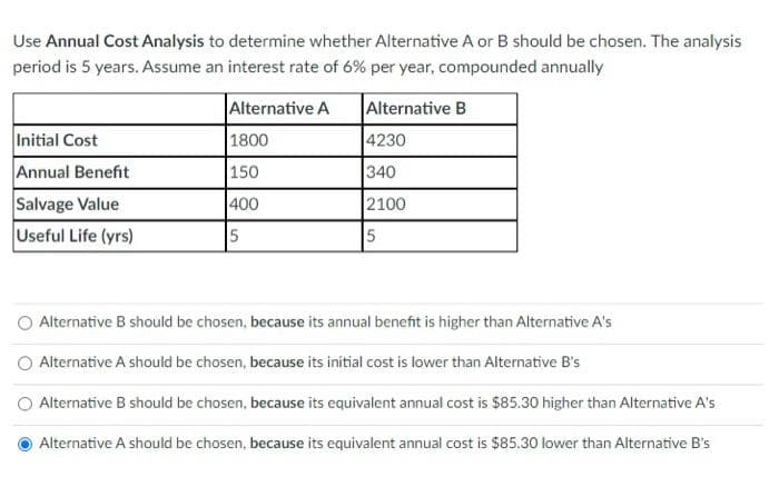 Use Annual Cost Analysis to determine whether Alternative A or B should be chosen. The analysis
period is 5 years. Assume an interest rate of 6% per year, compounded annually
Alternative A
Alternative B
1800
150
400
5
Initial Cost
Annual Benefit
Salvage Value
Useful Life (yrs)
4230
340
2100
O Alternative B should be chosen, because its annual benefit is higher than Alternative A's
Alternative A should be chosen, because its initial cost is lower than Alternative B's
O Alternative B should be chosen, because its equivalent annual cost is $85.30 higher than Alternative A's
Alternative A should be chosen, because its equivalent annual cost is $85.30 lower than Alternative B's