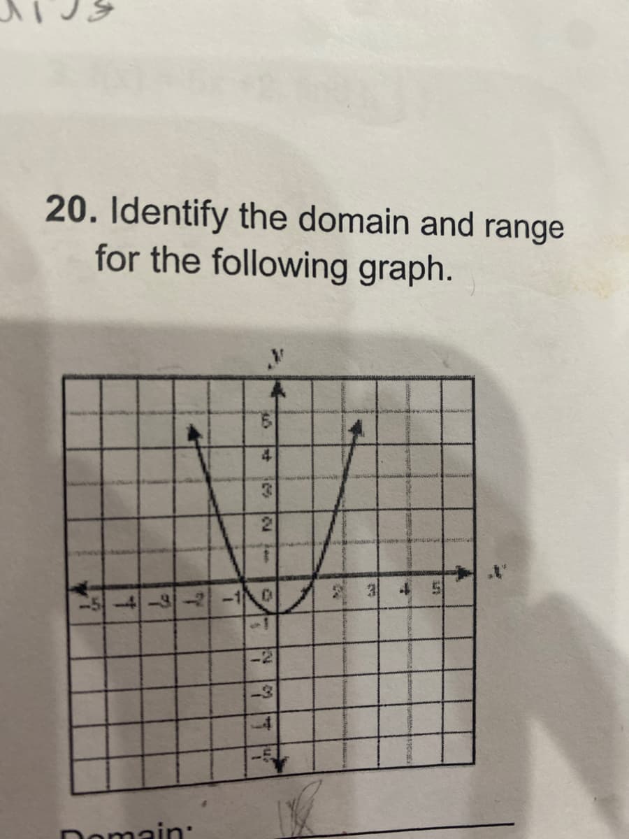 20. Identify the domain and range
for the following graph.
9.
4
21
-5-4-3-2-1
-3
Domain:
