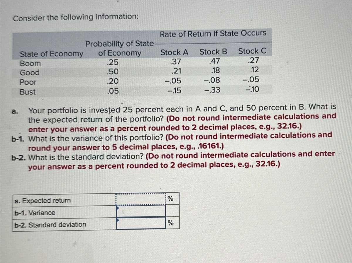 Consider the following information:
Rate of Return if State Occurs
Probability of State
State of Economy
of Economy
Stock A
Stock B
Stock C
Boom
.25
.37
.47
.27
Good
.50
.21
.18
.12
Poor
.20
-.05
-.08
-.05
Bust
.05
-.15
-.33
-.10
a.
Your portfolio is invested 25 percent each in A and C, and 50 percent in B. What is
the expected return of the portfolio? (Do not round intermediate calculations and
enter your answer as a percent rounded to 2 decimal places, e.g., 32.16.)
b-1. What is the variance of this portfolio? (Do not round intermediate calculations and
round your answer to 5 decimal places, e.g., .16161.)
b-2. What is the standard deviation? (Do not round intermediate calculations and enter
your answer as a percent rounded to 2 decimal places, e.g., 32.16.)
a. Expected return
b-1. Variance
%
b-2. Standard deviation
%