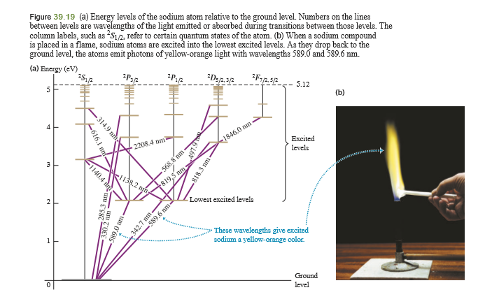 Figure 39.19 (a) Energy levels of the sodium atom relative to the ground level. Numbers on the lines
between levels are wavelengths of the light emitted or absorbed during transitions between those levels. The
column labels, such as ?S12, refer to certain quantum states of the atom. (b) When a sodium compound
is placed in a flame, sodium atoms are excited into the lowest excited levels. As they drop back to the
ground level, the atoms emit photons of yellow-orange light with wavelengths 589.0 and 589.6 nm.
(a) Energy (eV)
5.12
(b)
2208.4 nm
1846.0 nm
568.8 nm
nm
Excited
levels
3
k1138.2 nm
819
2
Lowest excited levels
These wavelengths give excited
sodium a yellow-orange color.
Ground
level
-314.9 nih
-616.1
40.4 tin
818.3 nm
589.0 nm-
342.7 nm.
