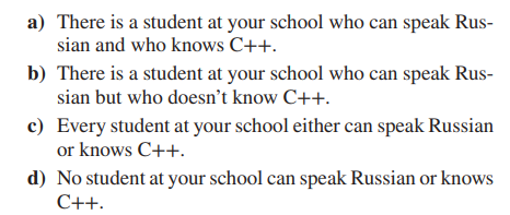 a) There is a student at your school who can speak Rus-
sian and who knows C++.
b) There is a student at your school who can speak Rus-
sian but who doesn't know C++.
c) Every student at your school either can speak Russian
or knows C++.
d) No student at your school can speak Russian or knows
C++.