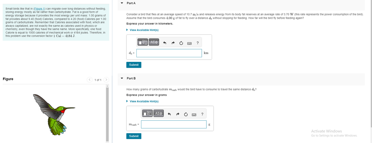 Small birds like that in (Figure 1) can migrate over long distances without feeding,
storing energy mostly as fat rather than carbohydrate. Fat is a good form of
energy storage because it provides the most energy per unit mass: 1.00 grams of
fat provides about 9.40 (food) Calories, compared to 4.20 (food) Calories per 1.00
grams of carbohydrate. Remember that Calories associated with food, which are
always capitalized, are not exactly the same as calories used in physics or
chemistry, even though they have the same name. More specifically, one food
Calorie is equal to 1000 calories of mechanical work or 4184 joules. Therefore, in
this problem use the conversion factor 1 Cal = 4184 J.
Figure
1 of 1
Part A
Consider a bird that flies at an average speed of 10.7 m/s and releases energy from its body fat reserves at an average rate of 3.70 W (this rate represents the power consumption of the bird).
Assume that the bird consumes 4.00 g of fat to fly over a distance do without stopping for feeding. How far will the bird fly before feeding again?
Express your answer in kilometers.
► View Available Hint(s)
db =
Submit
Part B
mcarb =
V ΕΠΙ ΑΣΦ
Submit
wwwww.
How many grams of carbohydrate mcarb would the bird have to consume to travel the same distance di?
Express your answer in grams
► View Available Hint(s)
ΠΗΓΙ ΑΣΦ
?
B
km
?
g
Activate Windows
Go to Settings to activate Windows.