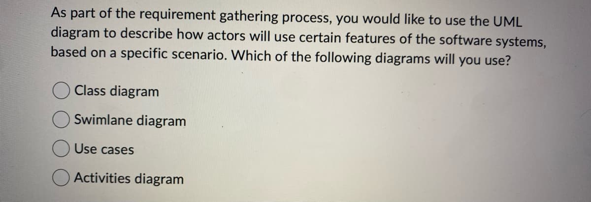 As part of the requirement gathering process, you would like to use the UML
diagram to describe how actors will use certain features of the software systems,
based on a specific scenario. Which of the following diagrams will you use?
Class diagram
Swimlane diagram
Use cases
Activities diagram