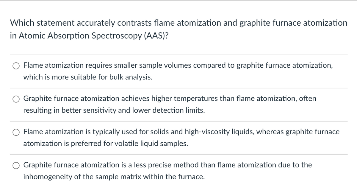 Which statement accurately contrasts flame atomization and graphite furnace atomization
in Atomic Absorption Spectroscopy (AAS)?
Flame atomization requires smaller sample volumes compared to graphite furnace atomization,
which is more suitable for bulk analysis.
Graphite furnace atomization achieves higher temperatures than flame atomization, often
resulting in better sensitivity and lower detection limits.
Flame atomization is typically used for solids and high-viscosity liquids, whereas graphite furnace
atomization is preferred for volatile liquid samples.
Graphite furnace atomization is a less precise method than flame atomization due to the
inhomogeneity of the sample matrix within the furnace.