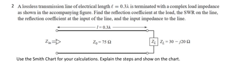 2 A lossless transmission line of electrical length = 0.32 is terminated with a complex load impedance
as shown in the accompanying figure. Find the reflection coefficient at the load, the SWR on the line,
the reflection coefficient at the input of the line, and the input impedance to the line.
Zin⇒
-1=0.3A
Zo-752
ZZ=30-j20 2
Use the Smith Chart for your calculations. Explain the steps and show on the chart.