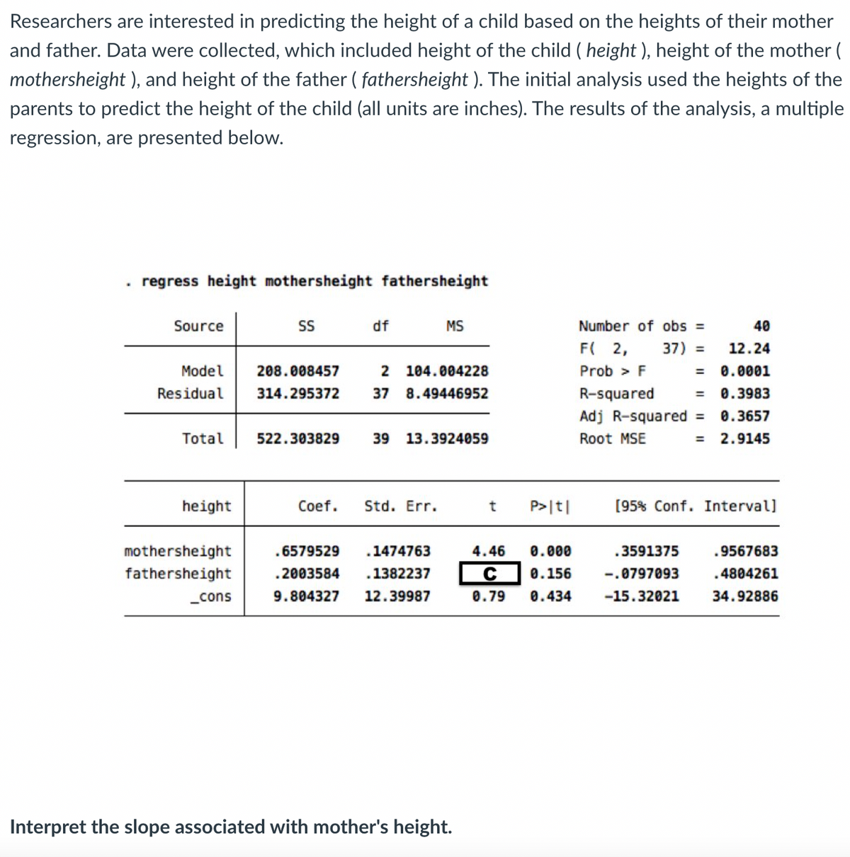 Researchers are interested in predicting the height of a child based on the heights of their mother
and father. Data were collected, which included height of the child (height ), height of the mother (
mothersheight), and height of the father (fathersheight ). The initial analysis used the heights of the
parents to predict the height of the child (all units are inches). The results of the analysis, a multiple
regression, are presented below.
.
regress height mothersheight fathersheight
Source
Model
Residual
Total
height
mothersheight
fathersheight
_cons
SS
208.008457
314.295372
522.303829
df
104.004228
2
37 8.49446952
MS
39 13.3924059
Coef. Std. Err.
.6579529 .1474763
.2003584 .1382237
9.804327 12.39987
Interpret the slope associated with mother's height.
t P>|t|
4.46 0.000
с 0.156
0.79 0.434
Number of obs =
F( 2,
37) =
Prob > F
R-squared
Adj R-squared =
Root MSE
=
=
.3591375
-.0797093
-15.32021
=
40
12.24
0.0001
0.3983
0.3657
2.9145
[95% Conf. Intervall
9567683
.4804261
34.92886