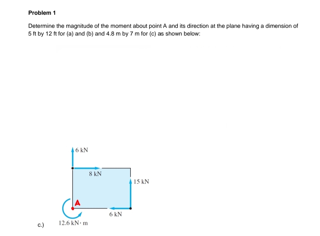 Problem 1
Determine the magnitude of the moment about point A and its direction at the plane having a dimension of
5 ft by 12 ft for (a) and (b) and 4.8 m by 7 m for (c) as shown below:
6 kN
8 kN
15 kN
6 kN
12.6 kN· m
c.)
