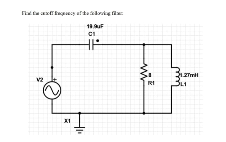 Find the cutoff frequency of the following filter:
V2
X1
19.9uF
C1
HP
8
R1
1.27mH
L1