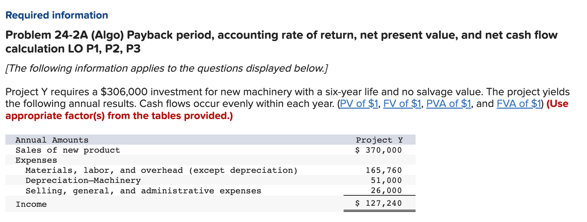 Required information
Problem 24-2A (Algo) Payback period, accounting rate of return, net present value, and net cash flow
calculation LO P1, P2, P3
[The following information applies to the questions displayed below.]
Project Y requires a $306,000 investment for new machinery with a six-year life and no salvage value. The project yields
the following annual results. Cash flows occur evenly within each year. (PV of $1, FV of $1, PVA of $1, and FVA of $1) (Use
appropriate factor(s) from the tables provided.)
Annual Amounts
Sales of new product
Expenses
Materials, labor, and overhead (except depreciation)
Depreciation-Machinery
Selling, general, and administrative expenses
Income
Project Y
$ 370,000
165,760
51,000
26,000
$ 127,240