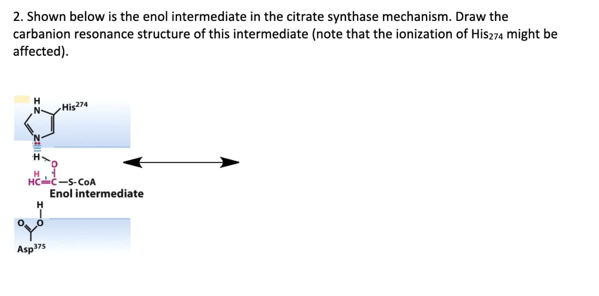 2. Shown below is the enol intermediate in the citrate synthase mechanism. Draw the
carbanion resonance structure of this intermediate (note that the ionization of His274 might be
affected).
H
N
H. 4
HC C-S-CoA
H
His274
Asp 375
Enol intermediate