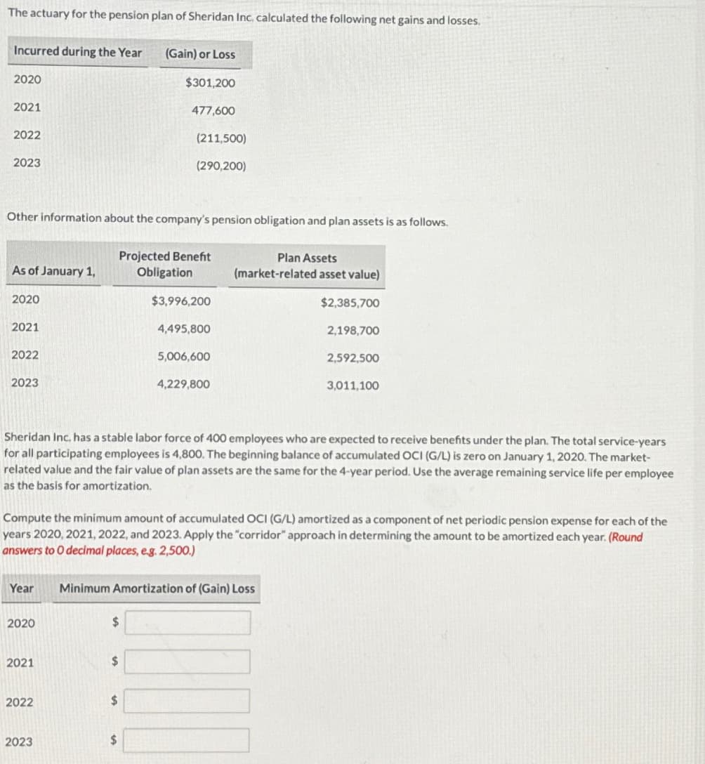 The actuary for the pension plan of Sheridan Inc, calculated the following net gains and losses.
Incurred during the Year
2020
2021
2022
2023
As of January 1,
2020
2021
Other information about the company's pension obligation and plan assets is as follows.
2022
2023
2020
2021
2022
2023
(Gain) or Loss
$301,200
$
477,600
Projected Benefit
Obligation
$
(211,500)
(290,200)
$
$
Year Minimum Amortization of (Gain) Loss
Sheridan Inc. has a stable labor force of 400 employees who are expected to receive benefits under the plan. The total service-years
for all participating employees is 4,800. The beginning balance of accumulated OCI (G/L) is zero on January 1, 2020. The market-
related value and the fair value of plan assets are the same for the 4-year period. Use the average remaining service life per employee
as the basis for amortization.
$3,996,200
Compute the minimum amount of accumulated OCI (G/L) amortized as a component of net periodic pension expense for each of the
years 2020, 2021, 2022, and 2023. Apply the "corridor" approach in determining the amount to be amortized each year. (Round
answers to 0 decimal places, e.g. 2,500.)
4,495,800
5,006,600
4,229,800
Plan Assets
(market-related asset value)
$2,385,700
2,198,700
2,592,500
3,011,100