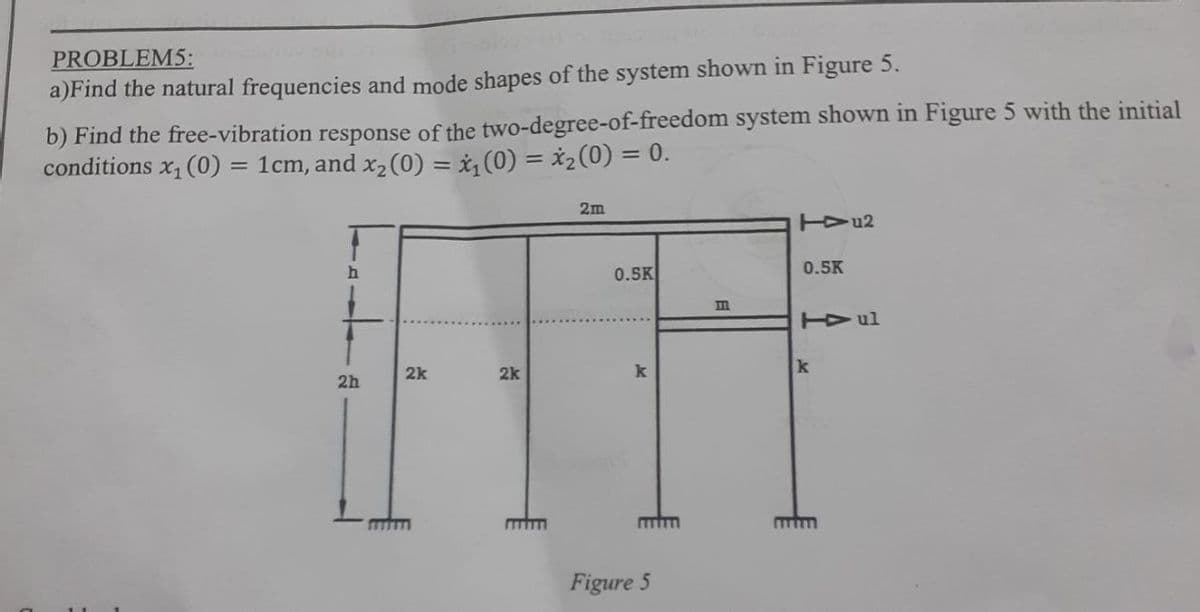 PROBLEM5:
a)Find the natural frequencies and mode shapes of the system shown in Figure 5.
b) Find the free-vibration response of the two-degree-of-freedom system shown in Figure 5 with the initial
conditions x₁ (0) = 1cm, and x₂ (0) = x₁(0) = x₂(0) = 0.
h
2h
2k
2k
mmm
2m
0.5K
k
Figure 5
m
Tu2
0.5K
Hul
k
