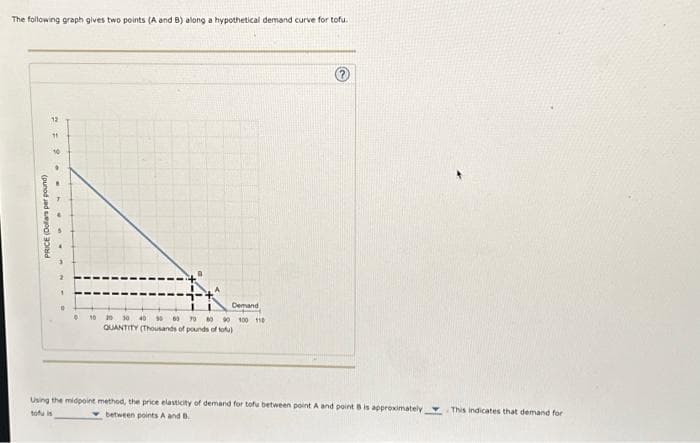 The following graph gives two points (A and B) along a hypothetical demand curve for tofu.
PRICE (Dollars per pound)
22.
12
11
Demand
0 10 20 30 40 50 60 70 80 90 100 110
QUANTITY (Thousands of pounds of tofu)
Using the midpoint method, the price elasticity of demand for tofu between point A and point B is approximately
tofu is
between points A and B.
This indicates that demand for