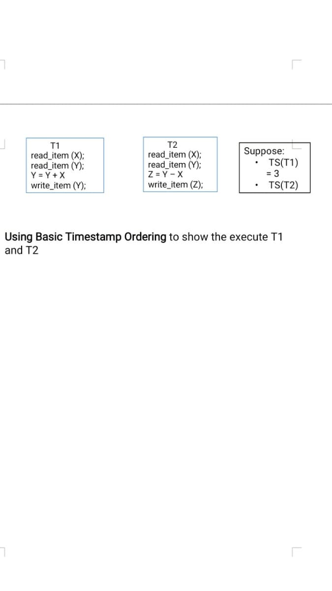 T2
read_item (X);
read_item (Y);
Z = Y - X
write_item (Z);
T1
read_item (X);
read_item (Y);
Y = Y + X
write_item (Y);
Suppose:
TS(T1)
= 3
TS(T2)
Using Basic Timestamp Ordering to show the execute T1
and T2
