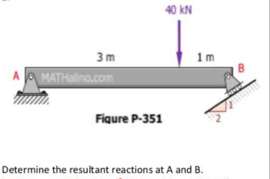 40 kN
3 m
1m
A MATHalino.com
Figure P-351
Determine the resultant reactions at A and B.
