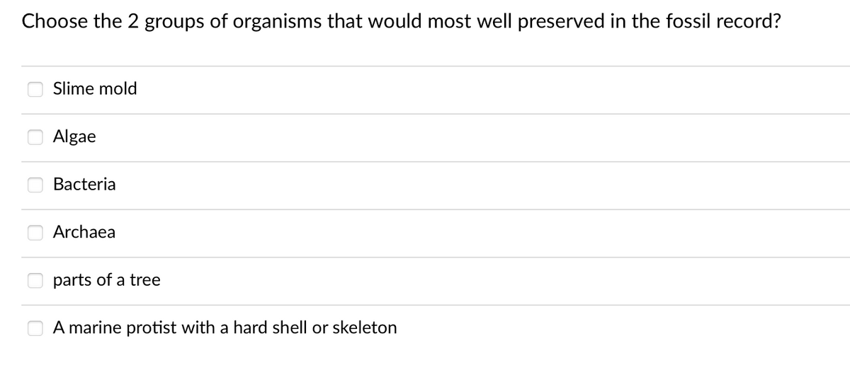 Choose the 2 groups of organisms that would most well preserved in the fossil record?
00000
Slime mold
Algae
Bacteria
Archaea
parts of a tree
A marine protist with a hard shell or skeleton