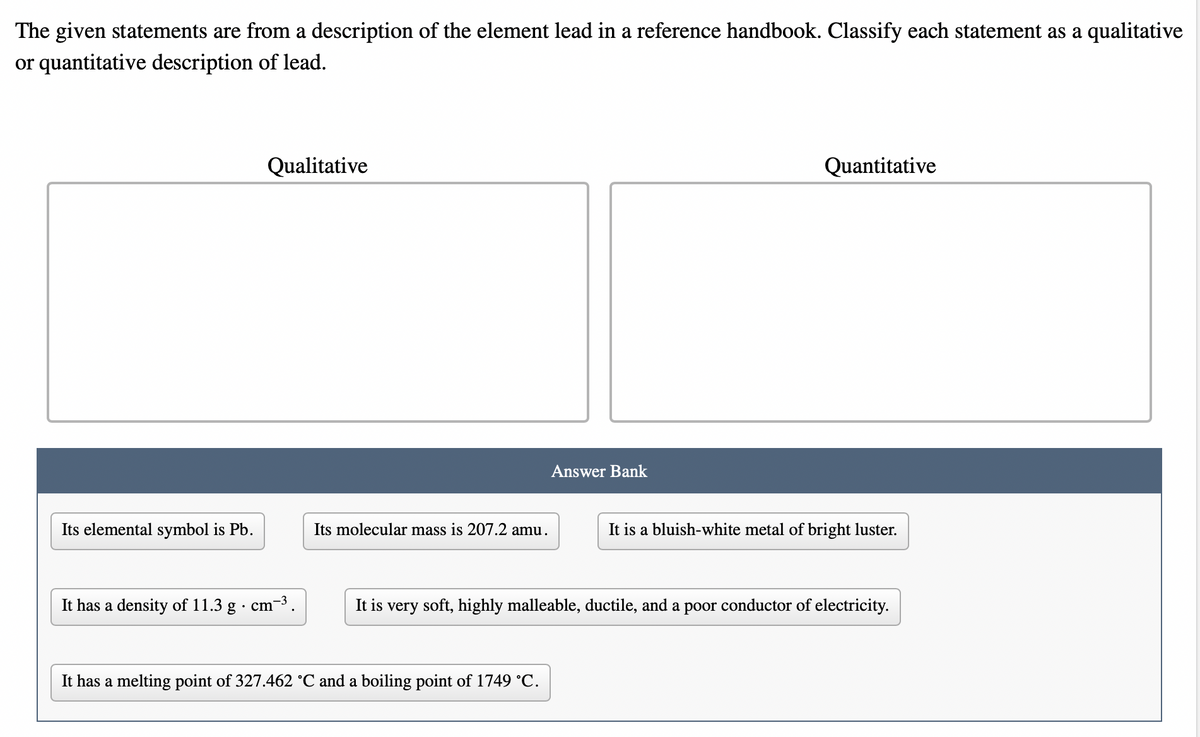 The given statements are from a description of the element lead in a reference handbook. Classify each statement as a qualitative
or quantitative description of lead.
Its elemental symbol is Pb.
Qualitative
It has a density of 11.3 g . cm-³.
Its molecular mass is 207.2 amu.
Answer Bank
It has a melting point of 327.462 °C and a boiling point of 1749 °C.
Quantitative
It is a bluish-white metal of bright luster.
It is very soft, highly malleable, ductile, and a poor conductor of electricity.