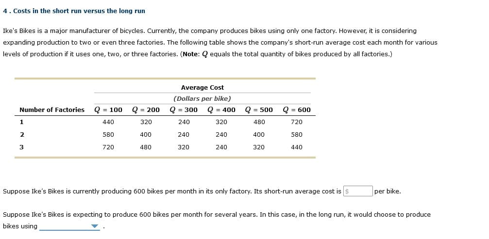 4. Costs in the short run versus the long run
Ike's Bikes is a major manufacturer of bicycles. Currently, the company produces bikes using only one factory. However, it is considering
expanding production to two or even three factories. The following table shows the company's short-run average cost each month for various
levels of production if it uses one, two, or three factories. (Note: Q equals the total quantity of bikes produced by all factories.)
Number of Factories
1
2
3
Q = 100
440
580
720
Q = 200
320
400
480
Average Cost
(Dollars per bike)
Q = 300
Q = 400
240
320
240
240
320
240
Q = 500
480
400
320
Q = 600
720
580
440
Suppose Ike's Bikes is currently producing 600 bikes per month in its only factory. Its short-run average cost is $
per bike.
Suppose Ike's Bikes is expecting to produce 600 bikes per month for several years. In this case, in the long run, it would choose to produce
bikes using