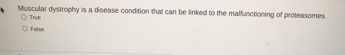 Muscular dystrophy is a disease condition that can be linked to the malfunctioning of proteasomes.
O True
O False
