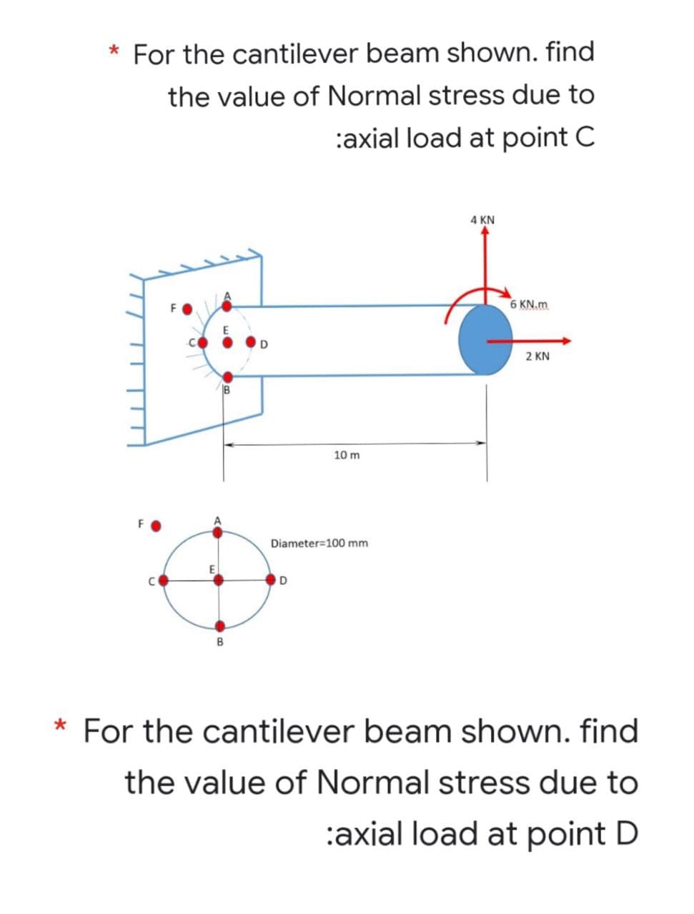 * For the cantilever beam shown. find
the value of Normal stress due to
:axial load at point C
4 KN
6 KN.m
2 KN
B
10 m
Diameter=100 mm
* For the cantilever beam shown. find
the value of Normal stress due to
:axial load at point D
