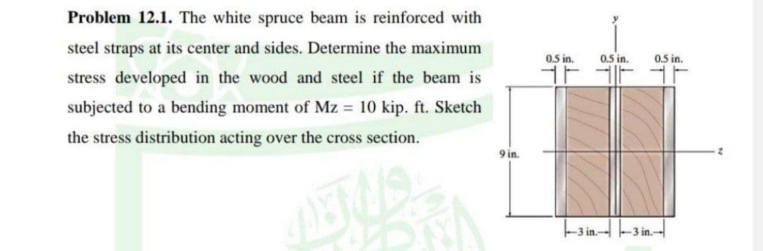 Problem 12.1. The white spruce beam is reinforced with
steel straps at its center and sides. Determine the maximum
stress developed in the wood and steel if the beam is
subjected to a bending moment of Mz = 10 kip. ft. Sketch
the stress distribution acting over the cross section.
9 in.
0.5 in.
0.5 in.
-3 in.-
0.5 in.
-3 in.-