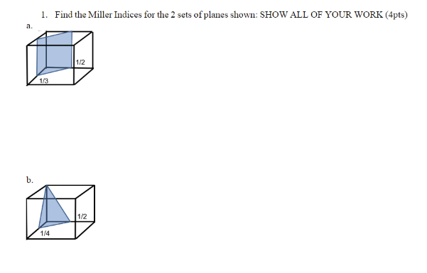 1. Find the Miller Indices for the 2 sets of planes shown: SHOW ALL OF YOUR WORK (4pts)
a.
1/2
1/3
b.
1/2
1/4
