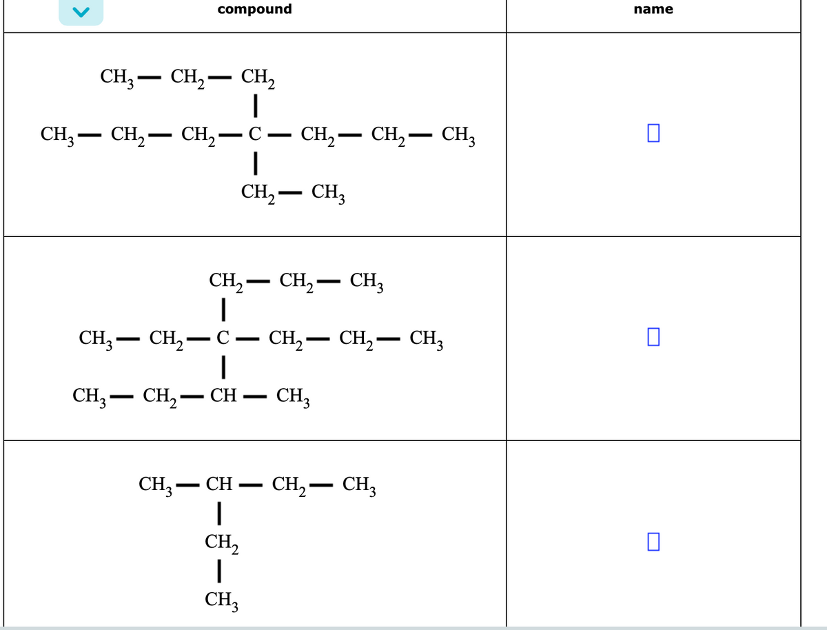 compound
name
CH; –
CH,– CH,
-
CH3-
CH, — CH, — С — CH, —
CH,– CH,
-
|
CH,– CH3
CH,– CH, –
CH3
CH, — CH— С — СН, — CН, — сH,
-
-
-
CH; -
CH, — СH
CH;
-
CH3 -
CH -
CH,-
CH3
CH,
CH,
