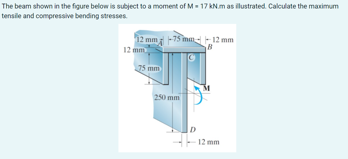 The beam shown in the figure below is subject to a moment of M = 17 kN.m as illustrated. Calculate the maximum
tensile and compressive bending stresses.
|-75 mm - - 12 mm
B
12 mm
12 mm
75 mm
250 mm
D
12 mm
