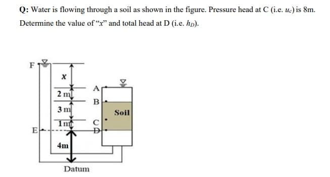 Q: Water is flowing through a soil as shown in the figure. Pressure head at C (i.e. uc) is 8m.
Determine the value of "x" and total head at D (i.e. hp).
F
E|
X
2 m
3 m
1m
4m
Datum
43
B
CF
D
DI
Soil