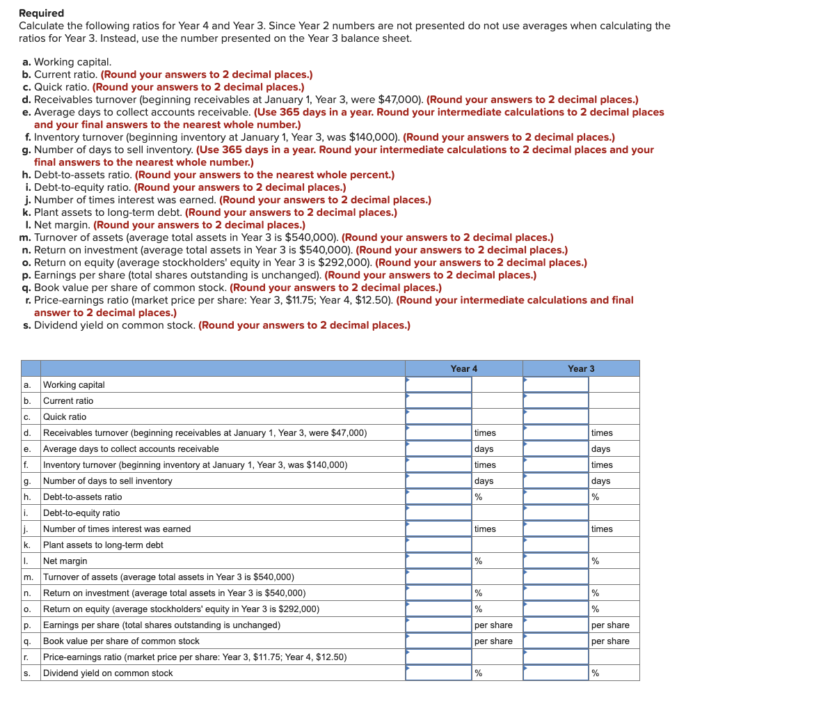 Required
Calculate the following ratios for Year 4 and Year 3. Since Year 2 numbers are not presented do not use averages when calculating the
ratios for Year 3. Instead, use the number presented on the Year 3 balance sheet.
a. Working capital.
b. Current ratio. (Round your answers to 2 decimal places.)
c. Quick ratio. (Round your answers to 2 decimal places.)
d. Receivables turnover (beginning receivables at January 1, Year 3, were $47,000). (Round your answers to 2 decimal places.)
e. Average days to collect accounts receivable. (Use 365 days in a year. Round your intermediate calculations to 2 decimal places
and your final answers to the nearest whole number.)
f. Inventory turnover (beginning inventory at January 1, Year 3, was $140,000). (Round your answers to 2 decimal places.)
g. Number of days to sell inventory. (Use 365 days in a year. Round your intermediate calculations to 2 decimal places and your
final answers to the nearest whole number.)
h. Debt-to-assets ratio. (Round your answers to the nearest whole percent.)
i. Debt-to-equity ratio. (Round your answers to 2 decimal places.)
j. Number of times interest was earned. (Round your answers to 2 decimal places.)
k. Plant assets to long-term debt. (Round your answers to 2 decimal places.)
I. Net margin. (Round your answers to 2 decimal places.)
m. Turnover of assets (average total assets in Year 3 is $540,000). (Round your answers to 2 decimal places.)
n. Return on investment (average total assets in Year 3 is $540,000). (Round your answers to 2 decimal places.)
o. Return on equity (average stockholders' equity in Year 3 is $292,000). (Round your answers to 2 decimal places.)
p. Earnings per share (total shares outstanding is unchanged). (Round your answers to 2 decimal places.)
q. Book value per share of common stock. (Round your answers to 2 decimal places.)
r. Price-earnings ratio (market price per share: Year 3, $11.75; Year 4, $12.50). (Round your intermediate calculations and final
answer to 2 decimal places.)
s. Dividend yield on common stock. (Round your answers to 2 decimal places.)
Year 4
Year 3
a.
Working capital
b.
Current ratio
C.
Quick ratio
d.
Receivables turnover (beginning receivables at January 1, Year 3, were $47,000)
e. Average days to collect accounts receivable
f. Inventory turnover (beginning inventory at January 1, Year 3, was $140,000)
g. Number of days to sell inventory
h.
Debt-to-assets ratio
|i.
Debt-to-equity ratio
j.
Number of times interest was earned
|k. Plant assets to long-term debt
|I.
Net margin
m. Turnover of assets (average total assets in Year 3 is $540,000)
n.
Return on investment (average total assets in Year 3 is $540,000)
O.
Return on equity (average stockholders' equity in Year 3 is $292,000)
p. Earnings per share (total shares outstanding is unchanged)
q. Book value per share of common stock
r. Price-earnings ratio (market price per share: Year 3, $11.75; Year 4, $12.50)
S. Dividend yield on common stock
times
days
times
days
%
times
%
%
%
per share
per share
%
times
days
times
days
%
times
%
%
%
per share
per share
%