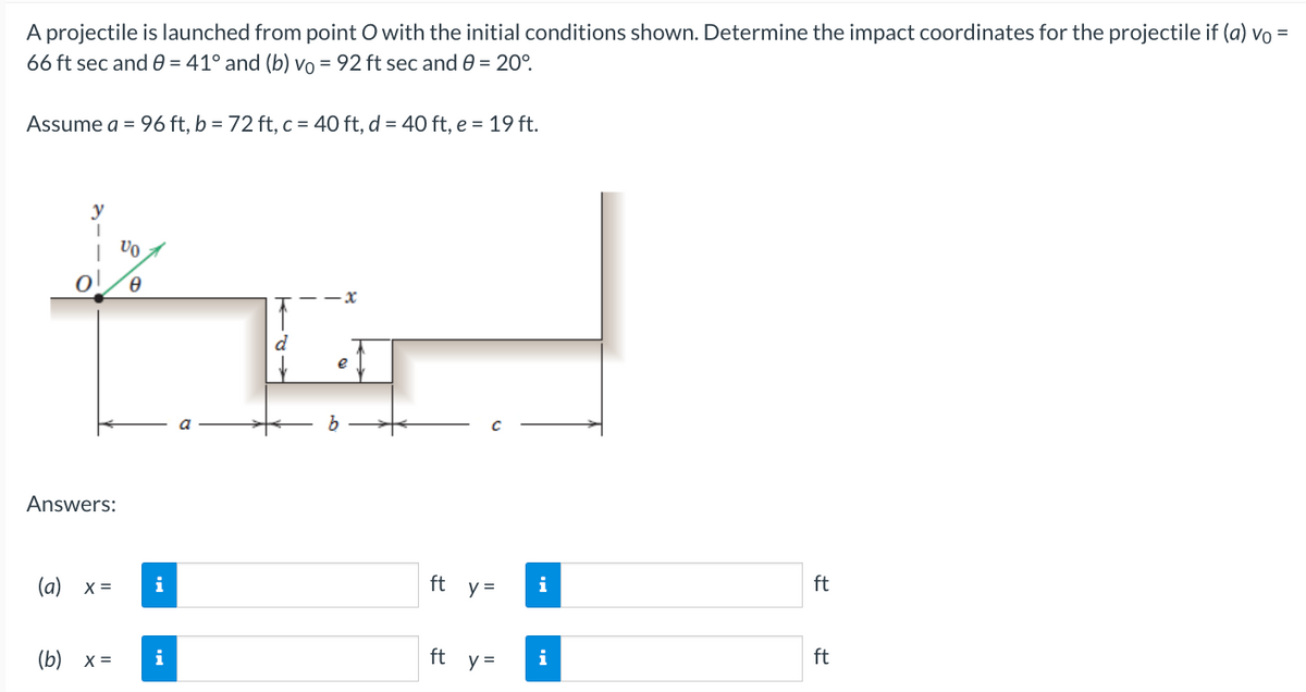 A projectile is launched from point O with the initial conditions shown. Determine the impact coordinates for the projectile if (a) vo =
66 ft sec and 0 = 41° and (b) vo = 92 ft sec and 0 = 20°.
Assume a = 96 ft, b = 72 ft, c = 40 ft, d = 40 ft, e = 19 ft.
Answers:
(a) x =
(b) x =
Vo
Ө
i
i
e
ft y =
ft_y=
i
i
ft
ft