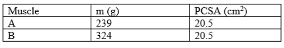 Muscle
m (g)
PCSA (cm²)
A
239
20.5
B
324
20.5