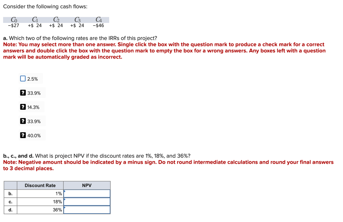 Consider the following cash flows:
Co
-$27
C₁
+$ 24
C2
+$ 24
C3
+$ 24
C4
-$46
a. Which two of the following rates are the IRRs of this project?
Note: You may select more than one answer. Single click the box with the question mark to produce a check mark for a correct
answers and double click the box with the question mark to empty the box for a wrong answers. Any boxes left with a question
mark will be automatically graded as incorrect.
2.5%
? 33.9%
? 14.3%
? 33.9%
? 40.0%
b., c., and d. What is project NPV if the discount rates are 1%, 18%, and 36%?
Note: Negative amount should be indicated by a minus sign. Do not round intermediate calculations and round your final answers
to 3 decimal places.
b.
C.
Discount Rate
1%
18%
36%
d.
NPV