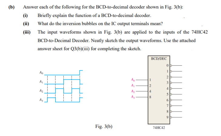 (b)
Answer each of the following for the BCD-to-decimal decoder shown in Fig. 3(b):
(i)
Briefly explain the function of a BCD-to-decimal decoder.
(ii)
What do the inversion bubbles on the IC output terminals mean?
(iii) The input waveforms shown in Fig. 3(b) are applied to the inputs of the 74HC42
BCD-to-Decimal Decoder. Neatly sketch the output waveforms. Use the attached
answer sheet for Q3(b)(iii) for completing the sketch.
BCD/DEC
Ao
2
Ag -
A
3
Az
4
8.
Fig. 3(b)
74HC42
4S6 7

