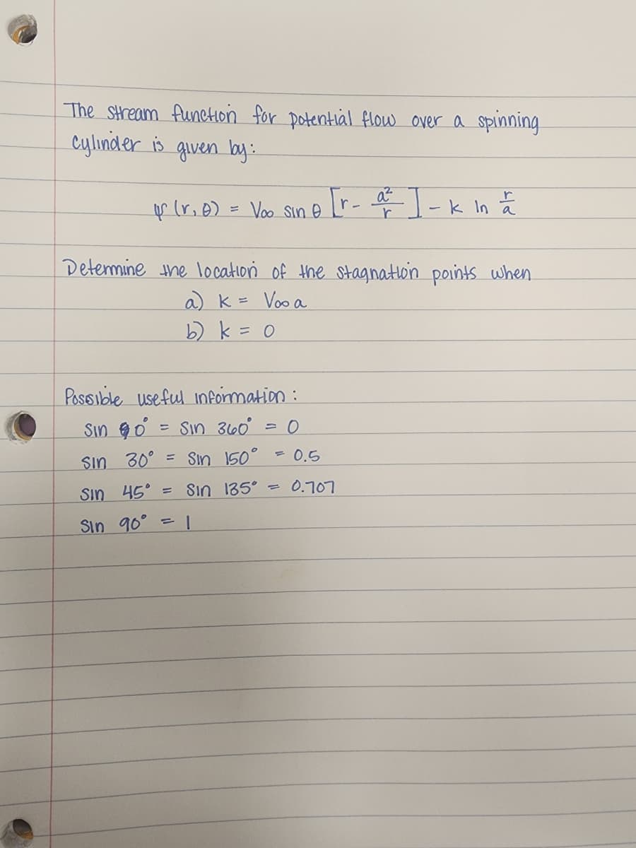 The stream function for potential flow over a spinning
cylinder is given by:
pr (r. e) = Voo sine [r_a² J-k in =
Determine the location of the stagnation points when
a) K =
Voo a
b) k = 0
Possible useful information:
Sino = Sin 360°
= Sin 150°
Sin 45° Sın 135°
Sin 90° = 1
Sin 30°
=
= 0
= 0.5
=
0.707