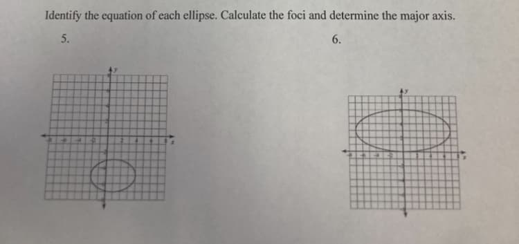 Identify the equation of each ellipse. Calculate the foci and determine the major axis.
5.
4
6.