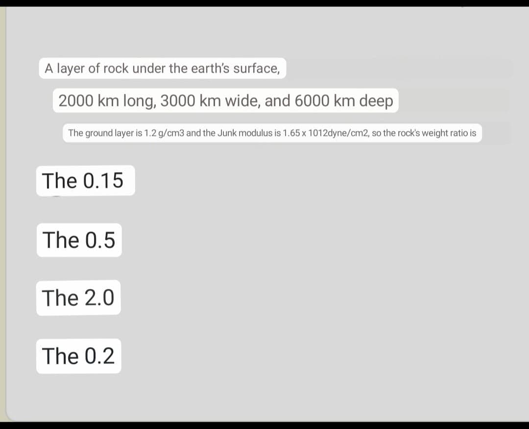 A layer of rock under the earth's surface,
2000 km long, 3000 km wide, and 6000 km deep
The ground layer is 1.2 g/cm3 and the Junk modulus is 1.65 x 1012dyne/cm2, so the rock's weight ratio is
The 0.15
The 0.5
The 2.0
The 0.2
