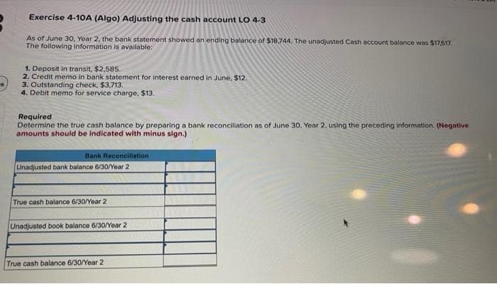 Exercise 4-10A (Algo) Adjusting the cash account LO 4-3
As of June 30, Year 2, the bank statement showed an ending balance of $18,744. The unadjusted Cash account balance was $17,517.
The following information is available:
1. Deposit in transit, $2,585.
2. Credit memo in bank statement for interest earned in June, $12.
3. Outstanding check, $3,713.
4. Debit memo for service charge, $13.
Required
Determine the true cash balance by preparing a bank reconciliation as of June 30, Year 2, using the preceding information. (Negative
amounts should be indicated with minus sign.)
Bank Reconciliation
Unadjusted bank balance 6/30/Year 2
True cash balance 6/30/Year 2
Unadjusted book balance 6/30/Year 2
True cash balance 6/30/Year 2